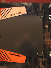 Load image into Gallery viewer, Toyota Tundra transmission skid plate installed with catalytic converter shields shown in orange to make them easier to see.