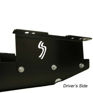 close up of the driver's side bracket with Skid Row Offroad logo on the gas tank skid plate for the Jeep Cherokee XJ 1997-2001 and Jeep Grand Cherokee ZJ 1993-1998