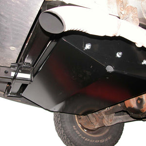 Passenger side view of the Gas Tank Skid Plate for Jeep Cherokee XJ (1997-2001) and Jeep Grand Cherokee ZJ (1993-1998) mounted on vehicle