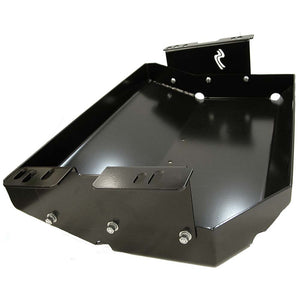 View of passenger side bracket attached to the Gas Tank Skid Plate for Jeep Cherokee XJ (1997-2001) and Jeep Grand Cherokee ZJ (1993-1998)