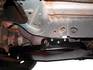 FuSide view of the bracket mounted onto the Jeep of the Engine/Transmission skid plate for the Jeep Liberty KJ