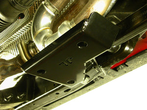 Exhaust loop skid plate mounted on the Jeep Wrangler JL with logo visible