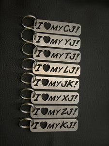 all of the I LOVE MY Jeep keychains in a row. 