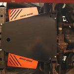 Load image into Gallery viewer, 1st Gen Toyota Sequoia transmission skid plate installed with catalytic converter shields shown in orange to make them easier to see.
