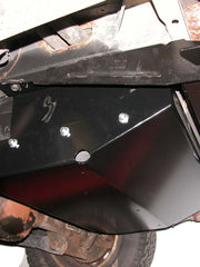 Load image into Gallery viewer, Driver&#39;s side view of the Gas Tank Skid Plate for Jeep Cherokee XJ (1997-2001) and Jeep Grand Cherokee ZJ (1993-1998) mounted on the Jeep
