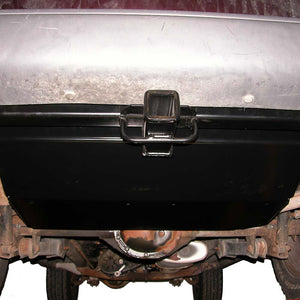 Rear view of the Gas Tank Skid Plate for Jeep Cherokee XJ (1997-2001) and Jeep Grand Cherokee ZJ (1993-1998) mounted on Jeep