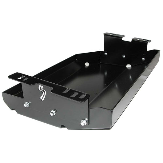 Driver's side bracket view of the Gas Tank Skid Plate for Jeep Cherokee XJ (1997-2001) and Jeep Grand Cherokee ZJ (1993-1998)