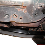 Load image into Gallery viewer, Side view from under the Jeep of the Engine/Transmission skid plate for the Jeep Liberty KJ
