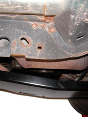 Load image into Gallery viewer, Side view from under the Jeep of the Engine/Transmission skid plate for the Jeep Liberty KJ
