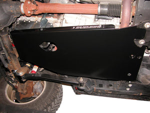 View of the Engine/Transmission skid plate mounted on the Jeep Wrangler JK 2007-2011 from the drivers side