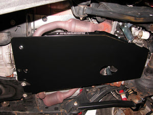 View of the Engine/Transmission skid plate mounted on the Jeep Wrangler JK 2007-2011 from the passenger's side