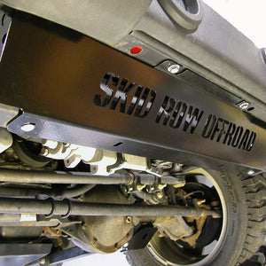 Front Skid Plate for Jeep Wrangler JK with SKID ROW OFFROAD text in Black mounted on Jeep