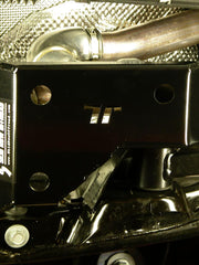 Load image into Gallery viewer, View looking directly up of the exhaust loop skid plate on the Jeep Wrangler JL with logo
