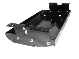 Driver's side bracket with Skid Row Offroad logo attached to the gas tank skid plate for Jeep Cherokee XJ 1984-1996 model