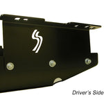 Load image into Gallery viewer, close up of driver&#39;s side bracket with logo attached to the gas tank skid plate for the Jeep Cherokee XJ 1984-1996
