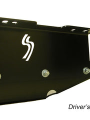 Load image into Gallery viewer, close up of driver&#39;s side bracket with logo attached to the gas tank skid plate for the Jeep Cherokee XJ 1984-1996

