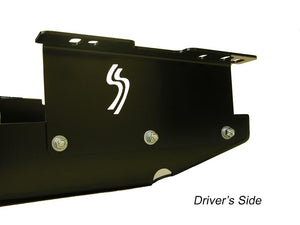 close up of driver's side bracket with logo attached to the gas tank skid plate for the Jeep Cherokee XJ 1984-1996